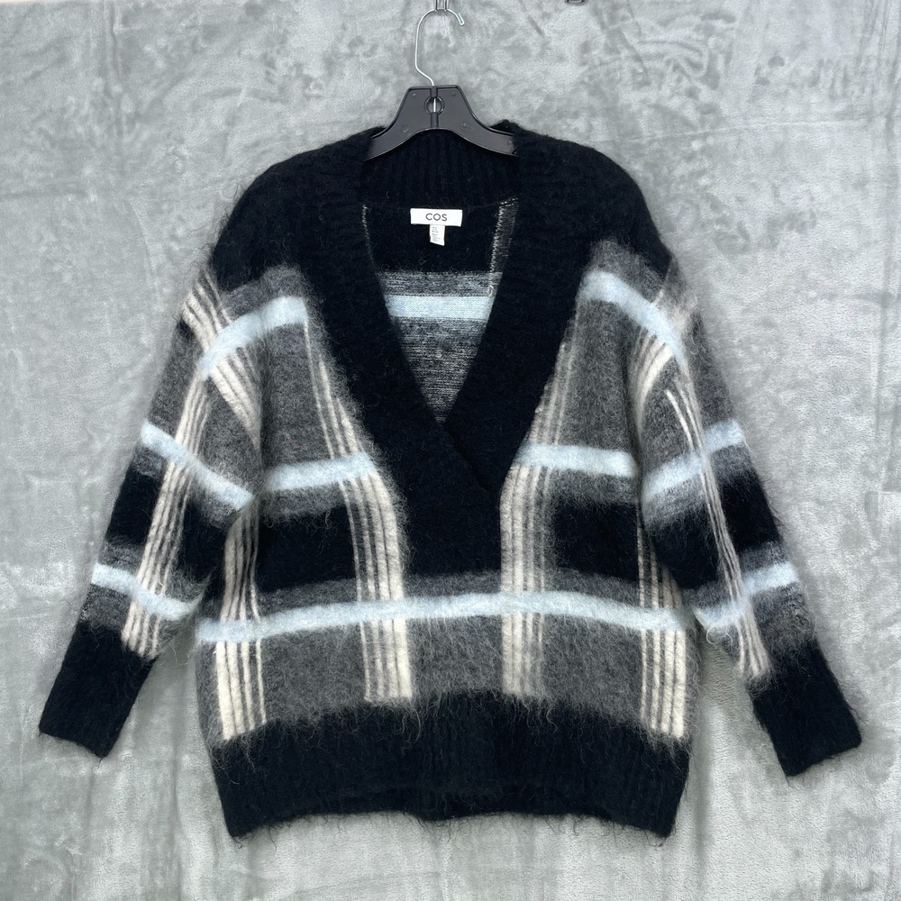COS Womens XS Oversized Jumper Wool Mohair Blend Checkered V-Neck Black READ!